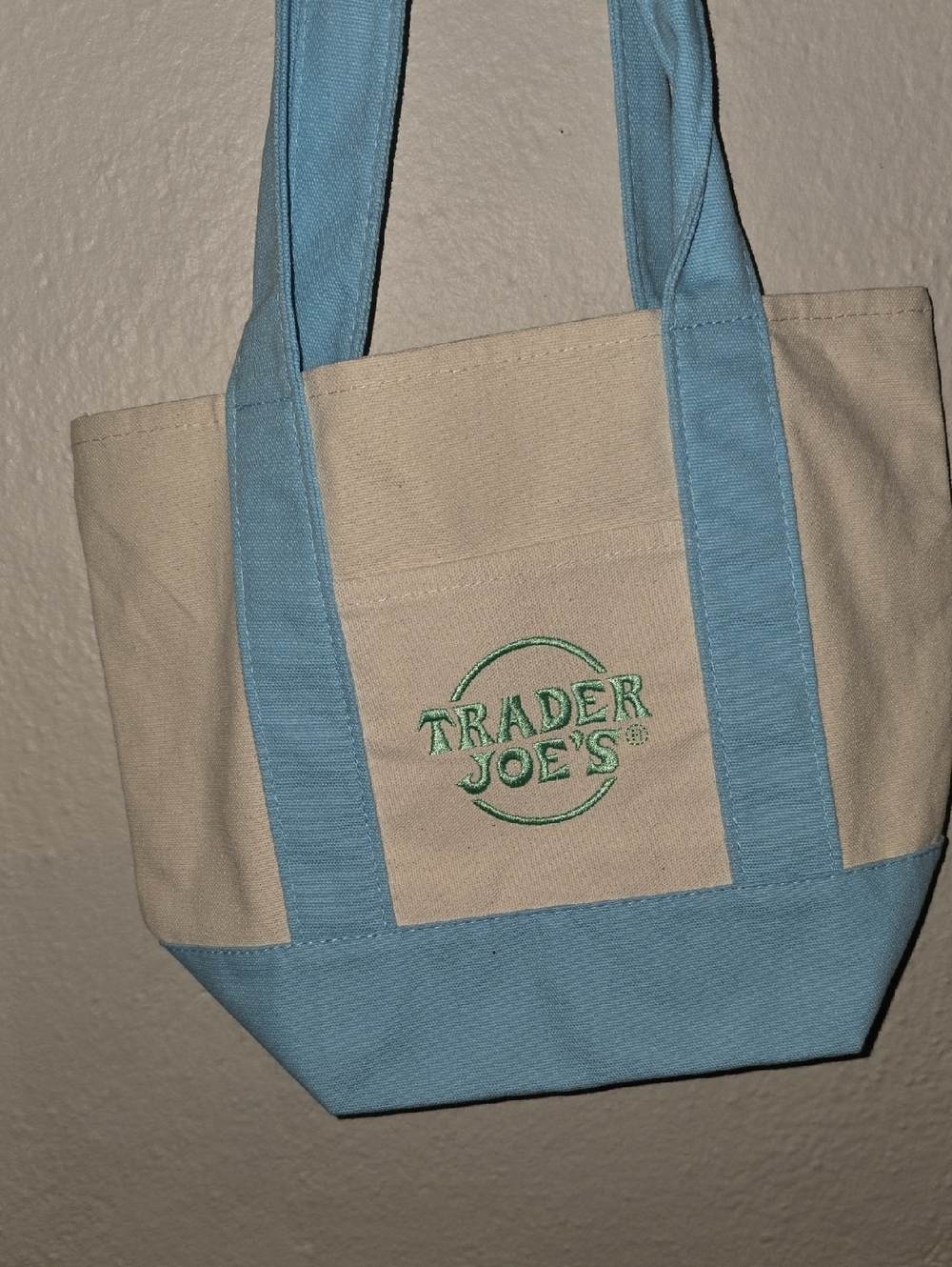 Trader Joe's Canvas Mini Tote Bag in Light Blue and Cream